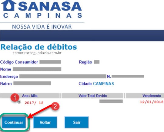 Relação de débitos Sanasa Campinas imprimir 2 via