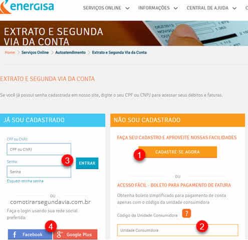 Página de login do site para tirar segunda via Energisa